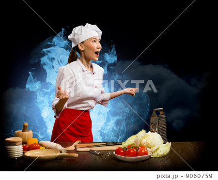 Asian woman furious cook, collage Asian woman furious cook, collage 9060759