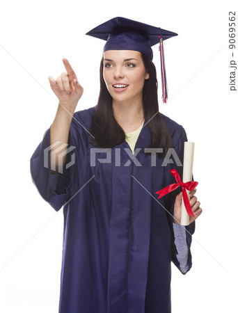 Female Graduate Pushing Blank Button on Panel with Copy Room 9069562