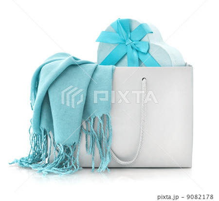 Blue scarf in shopping bag with gift box Blue scarf in shopping bag with gift box 9082178