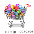Shopping cart with app icons. 3D Isolated on white background 9089896