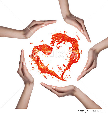 Red heart from water splash with human hands isolated on white Red heart from water splash with human hands isolated on white 9092508