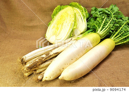 冬野菜・葉付き大根2本.カット白菜.長葱・麻布バック横位置 冬野菜・葉付き大根2本.カット白菜.長葱・麻布バック横位置 9094174