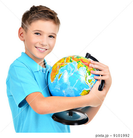 Smiling boy in casual holding globe in hands Smiling boy in casual holding globe in hands 9101992
