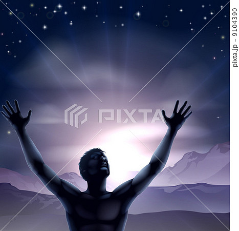 Man silhouette hands stretched up 9104390