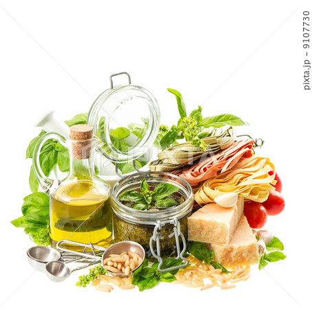 green pesto sauce and ingredients for preparation 9107730
