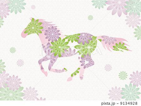 馬と花模様のイラスト 緑と紫のイラスト素材