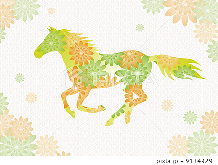馬と花模様のイラスト 緑と朱色のイラスト素材