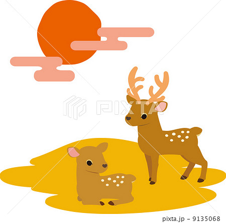 2頭の鹿と夕焼けのイラスト素材