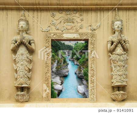 Natural forest in Thai temple window 9141091