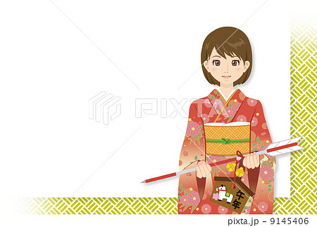 振袖の女性と破魔矢のイラスト素材
