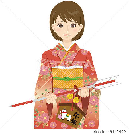 振袖 女性 破魔矢 絵馬 のイラスト素材