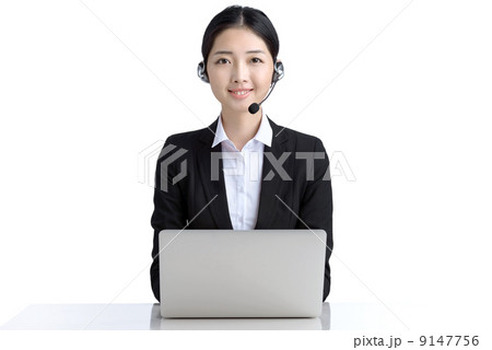 Career woman customer service officer using microphone headset indoor studio white background  9147756