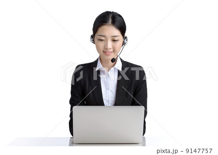 Career woman customer service officer using microphone headset indoor studio white background  9147757
