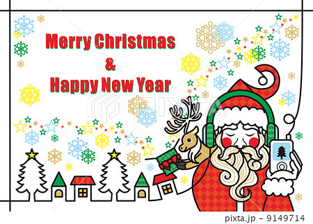 クリスマスカード用イラスト 音楽を聴くサンタクロースとトナカイのプレゼント Merry のイラスト素材