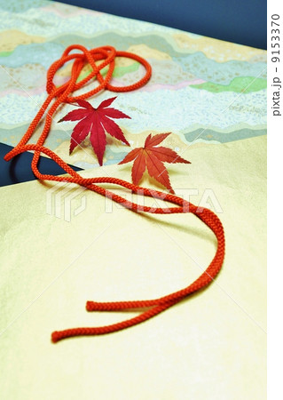 秋コンテンツ・赤い組紐と赤いモミジの葉2枚斜俯瞰・黒、金、友禅柄の和紙3種バック縦位置 9153370