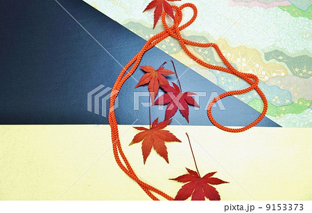 秋コンテンツ・赤い組紐と赤いモミジの葉5枚俯瞰・友禅柄、金、黒の和紙3種バック横位置 9153373