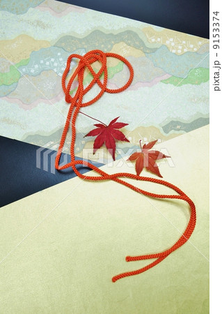 秋コンテンツ・赤い組紐と赤いモミジの葉2枚俯瞰・黒、金、友禅柄の和紙3種バック縦位置 9153374