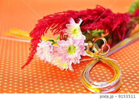 秋冬のお祝いイメージ・ケイトウとスプレーマムの花に金銀水引結び目あり・麻の葉柄和紙バック横位置 9153511