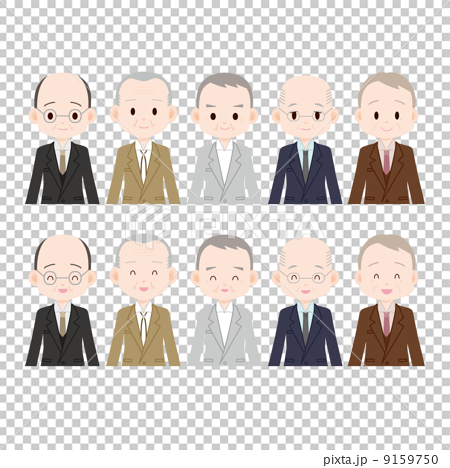 スーツを着た白髪の男性 ５人 真顔と笑顔のイラスト素材