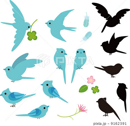 青い小鳥とシルエットのイラスト素材