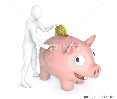 Abstract white guy puts coin into piggy bank 9164167