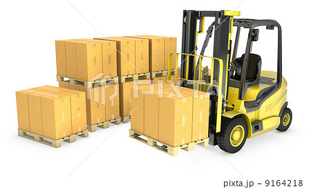 Yellow fork lift truck with stack of carton boxes 9164218