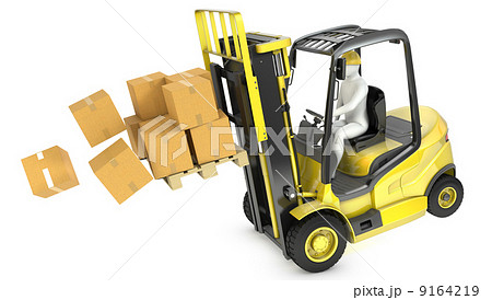 Overloaded yellow fork lift truck falling forward 9164219