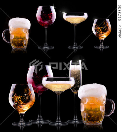 set with different drinks on black background set with different drinks on black background 9178356