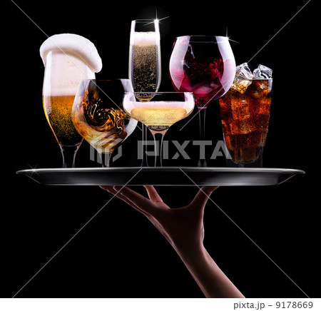set with different drinks on black background set with different drinks on black background 9178669