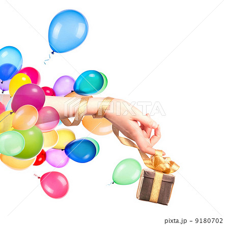 hand with a gift and balloons 9180702