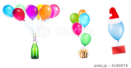 gift, champagne and blank card on color balloons 9180878