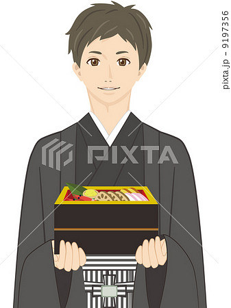 袴の男性とおせち料理のイラスト素材