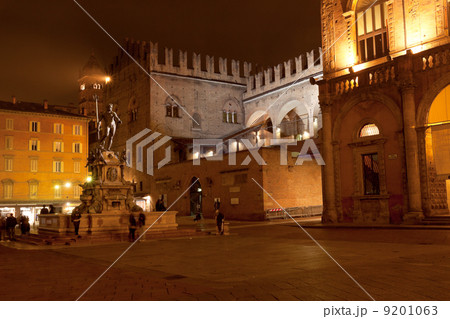 Fountain of Neptune and Re Enzo Palace in Bologna at night 9201063