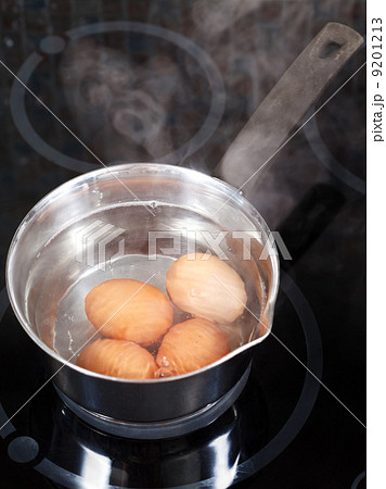 simmering chicken eggs in metal pot 9201213