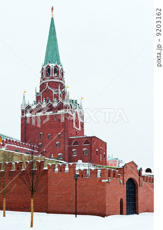 view of Kremlin Troitskaya Tower in winter snowing day view of Kremlin Troitskaya Tower in winter snowing day 9203162