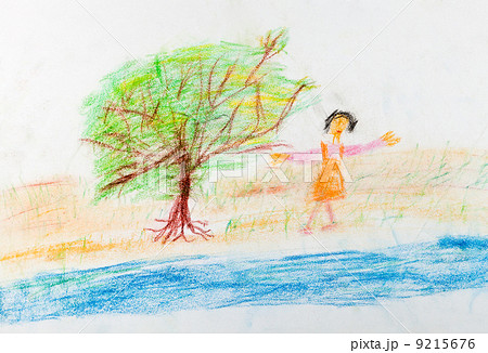 child's drawing - merry girl near river 9215676