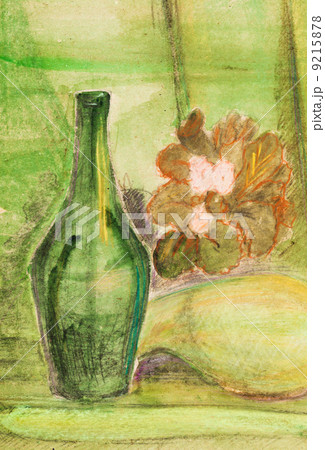 child's paiting - still life with old green bottle 9215878