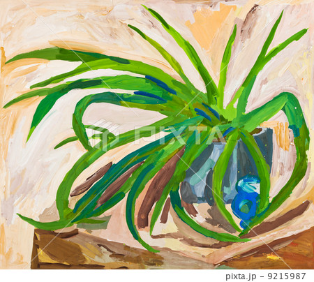 children drawing - green leaves of indoor plant 9215987