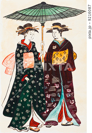 Japanese young women geishas in traditional clothes 9216087