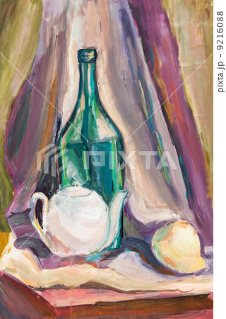 child's paiting - still life with green bottle and white teapot 9216088