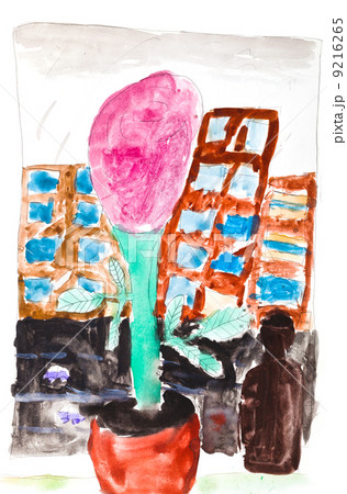 children drawing - pink flower in pot on home sill 9216265