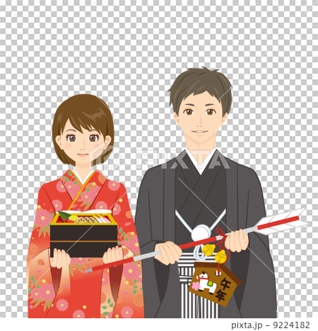 お節料理と破魔矢をもつ男女 9224182
