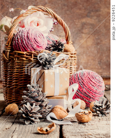 Vintage Christmas Card with Gifts, box, white ribbon and pine co 9226451