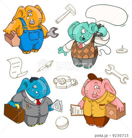 four elephants doing different work in uniform 9230715
