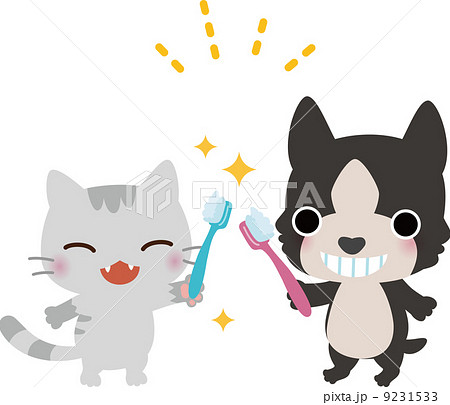 歯磨きをする猫と犬のイラスト素材