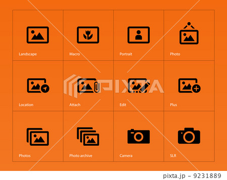 Photographs and Camera icons on orange background. 9231889