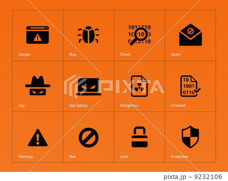 Security icons on orange background.
