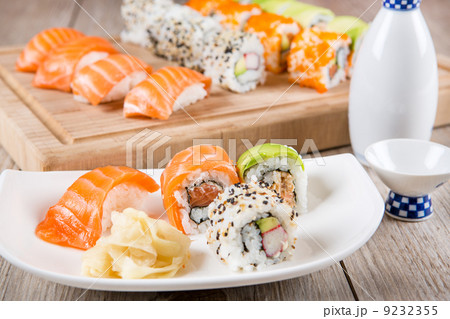 Variation of fresh tasty sushi rolls 9232355