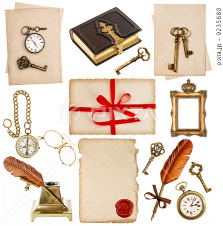 antique clock, key, photo album, feather pen, inkwell, compass 9235680