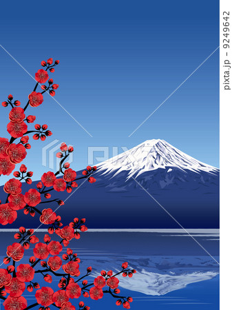 富士山 梅の花 01 縦 左のイラスト素材